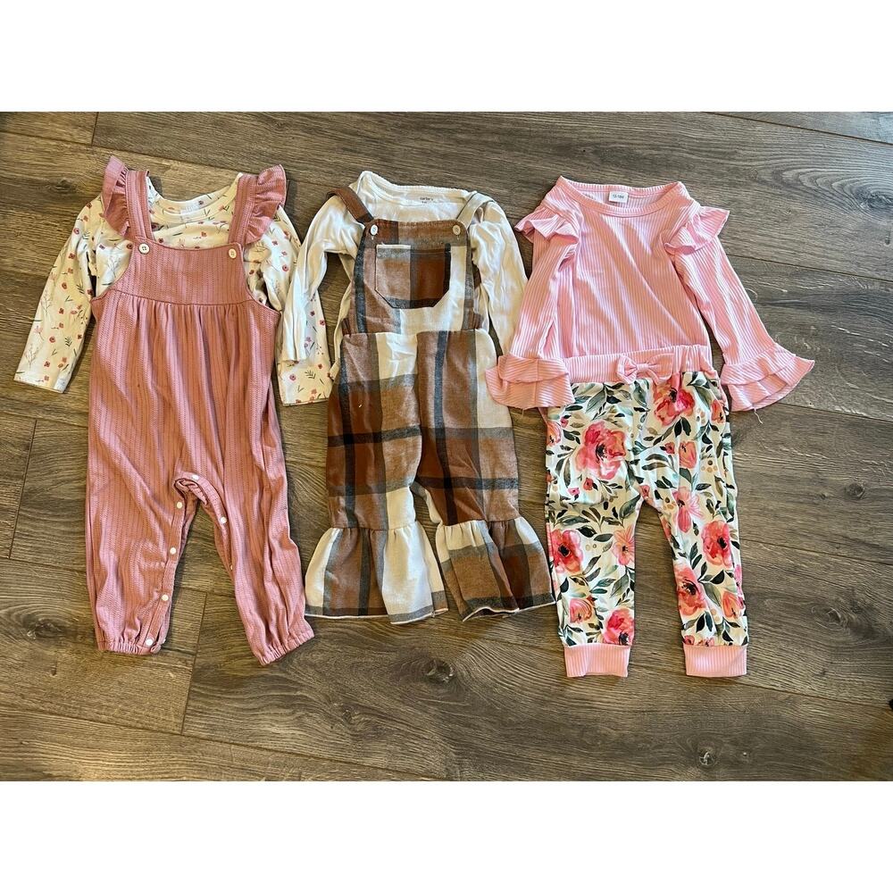 Baby Girl 18M Outfit Bundle Floral Plaid Overalls Ruffles Lot